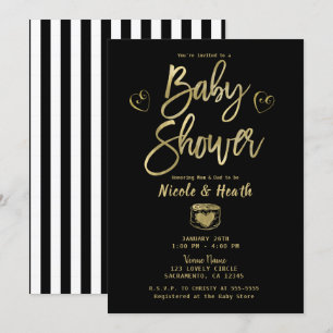 Invitation Baby Shower Rustique Noir Blanc Rayures & Or