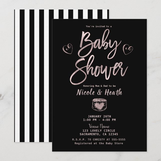 Invitation Baby Shower Rustique Noir Blanc Rayures Rose Gold (Devant / Derrière)