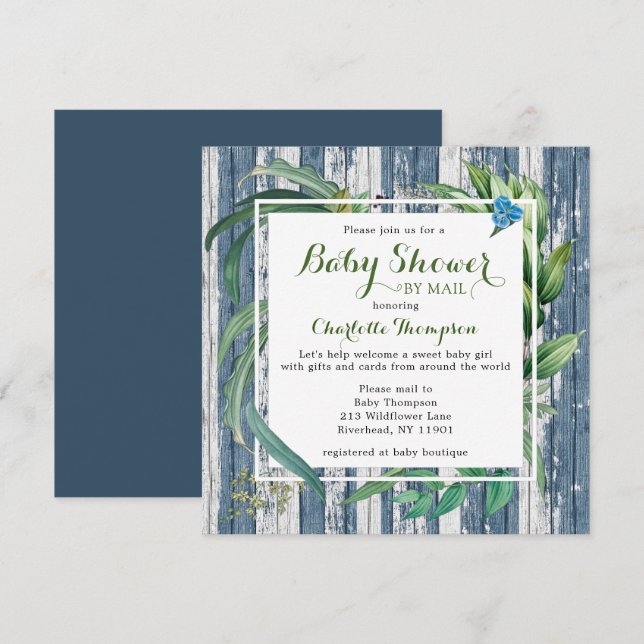 Invitation Baby shower Rustique Par Mail Aquarelle Vert Flora (Devant / Derrière)