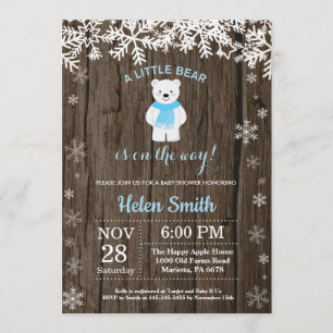Invitation Baby shower Rustique Polar Bear Winter Boy