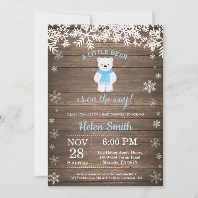 Invitation Baby shower Rustique Polar Bear Winter Boy (Devant)