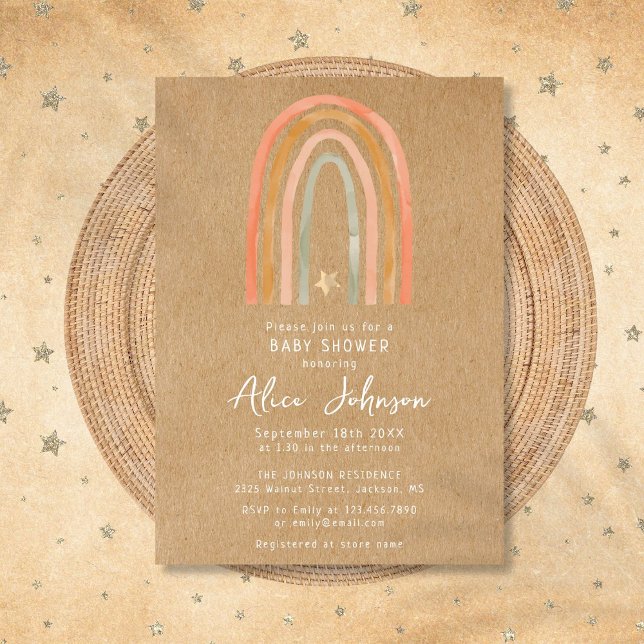 Invitation Baby shower Rustique Rainbow Et Star Boho (Rustic Rainbow And Star Boho Baby Shower Invitation)