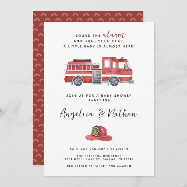 Invitation Baby shower Rustique Red Firetruck (Devant / Derrière)