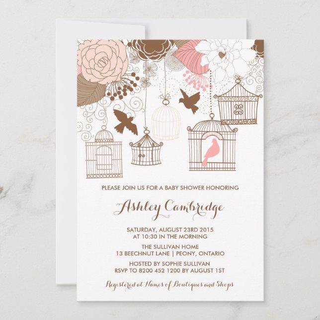 Invitation Baby shower Rustique Rose Birdcages (Devant)