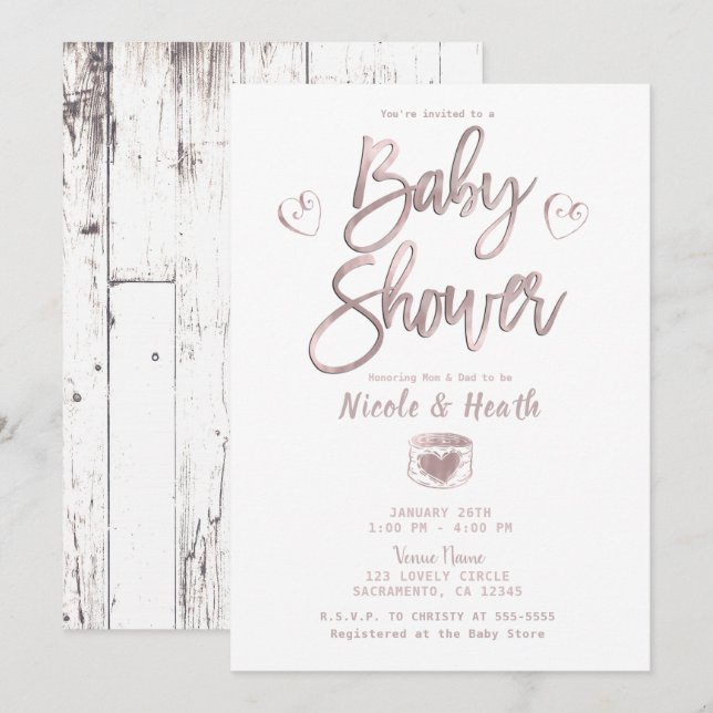 Invitation Baby Shower Rustique Rose Gold et Blanc Rose Clair (Devant / Derrière)