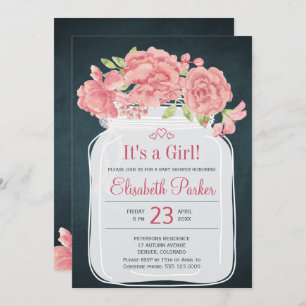 Invitation Baby shower rustique rose peony mason jarre marine