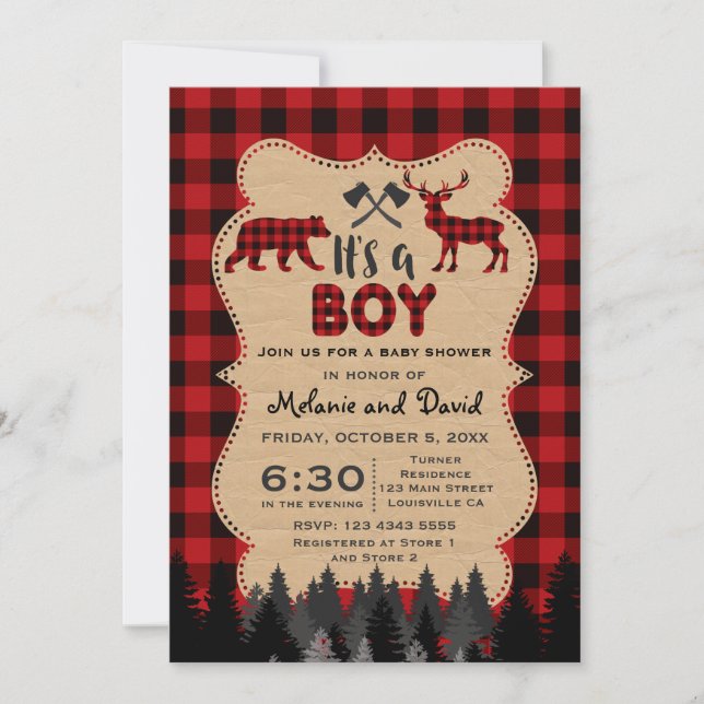 Invitation Baby shower rustique roux bison bûcheron (Devant)