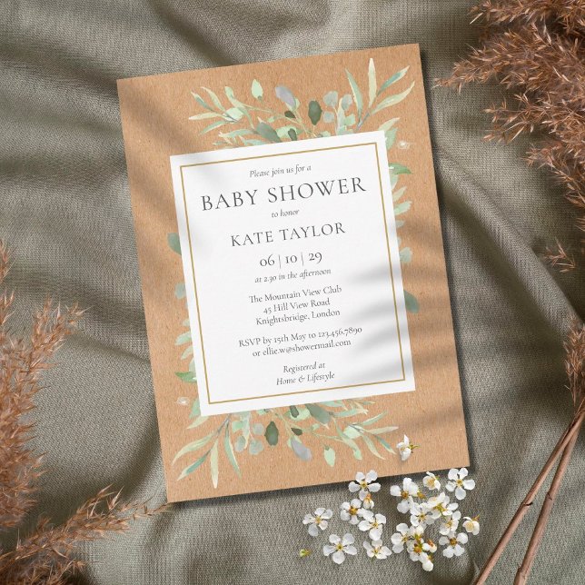 Invitation Baby-Shower rustique|Saupoudrer de verdure aquarel (Créateur téléchargé)