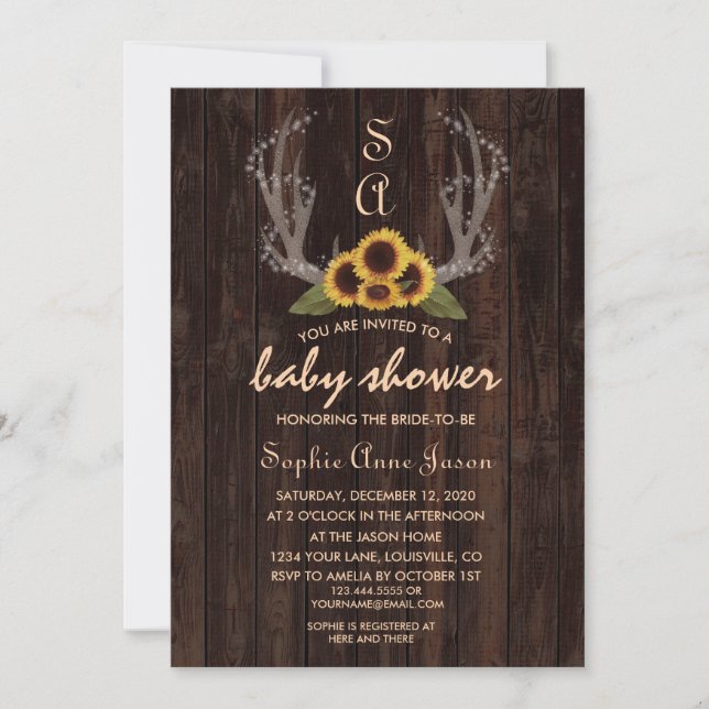 Invitation Baby shower rustique Sunflower Antlers (Devant)