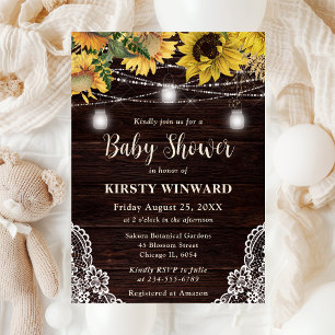 Invitation Baby shower rustique Sunflower & Mason Jar Lumière