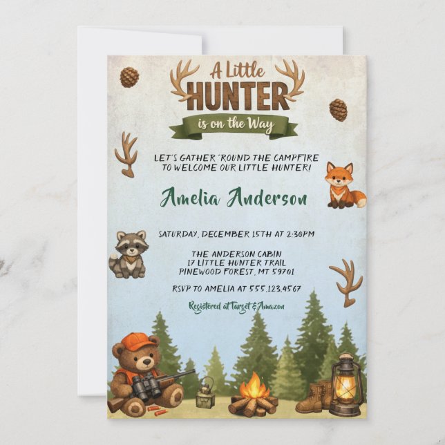 Invitation Baby Shower Rustique sur le Thème du Petit Chasseu (Devant)