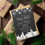 Invitation Baby shower rustique sur le thème du tableau noir<br><div class="desc">Modèle d'invitation élégant et chic de style campagnard rustique pour une baby shower hivernale avec des bordures de flocons de neige blancs, de la neige qui tombe et un paysage de merveilleux arbres de pin sur un fond de tableau noir gris foncé à la craie. Remplissez vos informations dans les...</div>