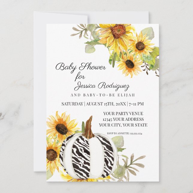 Invitation Baby shower Rustique Tournesol Floral Zebra Citrou (Devant)