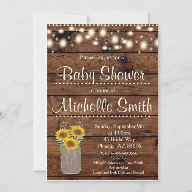Invitation Baby shower rustique Tournesol Mason Jar (Devant)