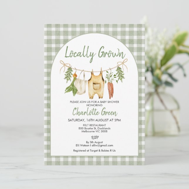 Invitation Baby Shower Rustique Vert Gingham Produits Locaux  (Debout devant)