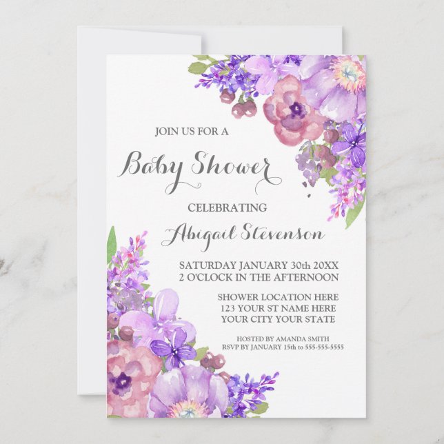 Invitation Baby shower Rustique violet d'aquarelle (Dos)
