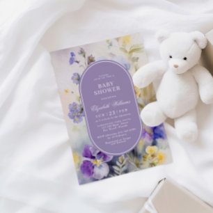 Invitation Baby shower Rustique violet & Fleurs jaunes