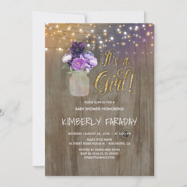 Invitation Baby shower rustique violet Floral Mason Jar (Devant)
