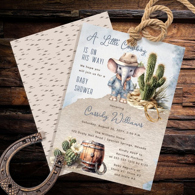Invitation Baby shower rustique Western Elephant Cowboy Boy (Rustic Western Elephant Cowboy Boy Baby Shower Invitation)