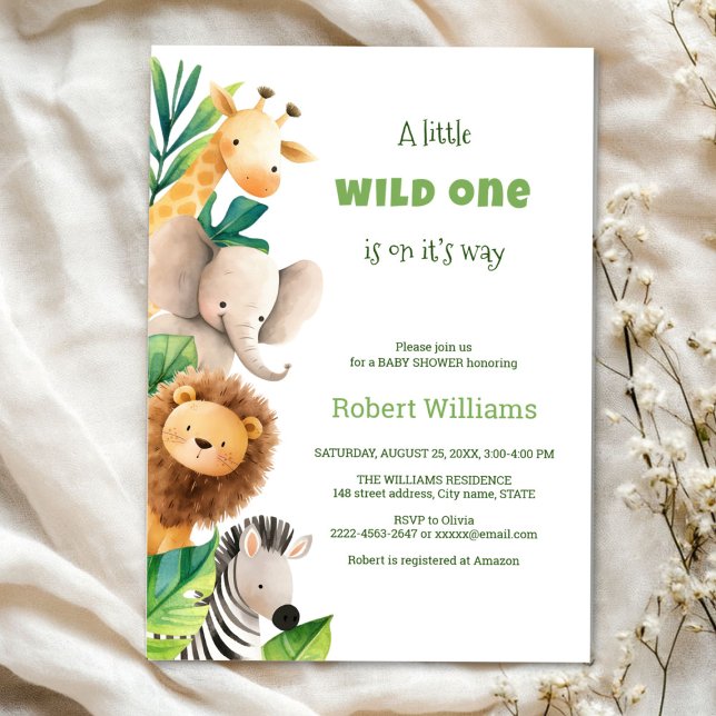 Invitation Baby shower Safari animal watercolor (Safari wild one baby shower invitation )