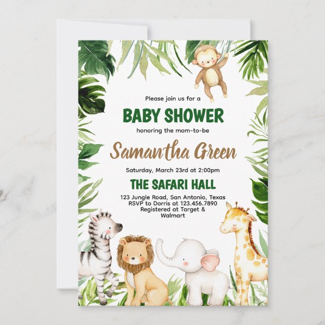 Invitation Baby shower Safari Animaux (Devant)
