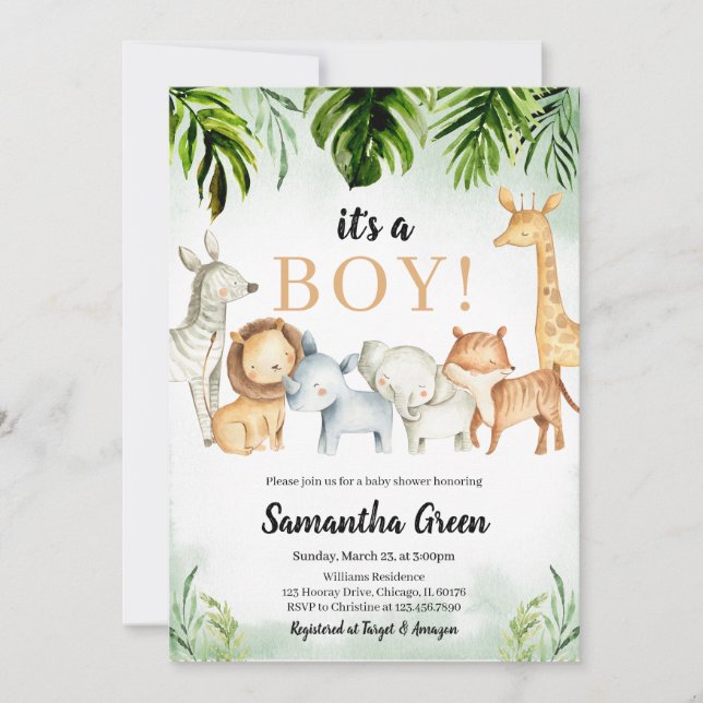 Invitation Baby shower Safari Animaux (Devant)