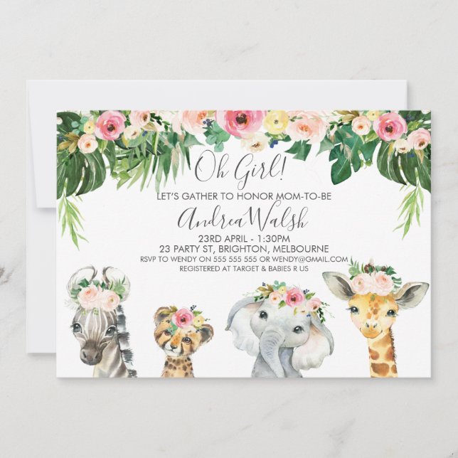 Invitation Baby shower Safari Animaux de Foliage Floral (Devant)