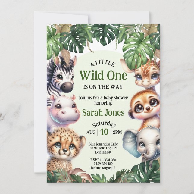 Invitation Baby shower Safari, Animaux de la jungle mignonne  (Devant)