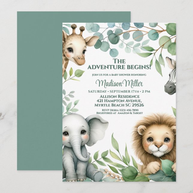 Invitation Baby shower Safari Animaux Neutres Sexes (Devant / Derrière)