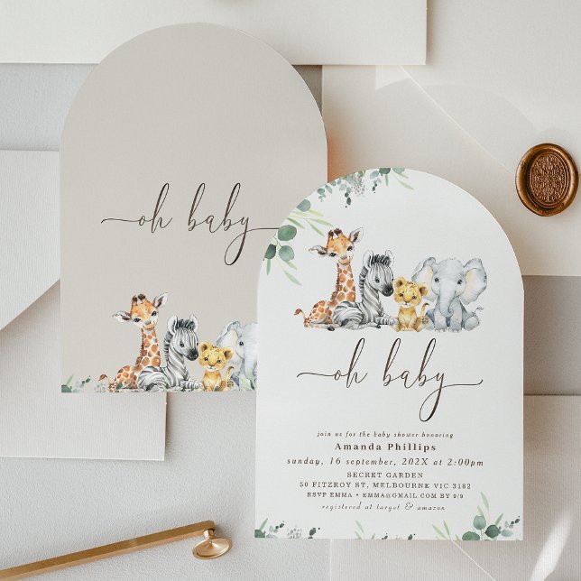 Invitation Baby shower Safari Arché Moderne Foliage (Safari Baby Shower Invitation Arched Gender Neutral Modern Safari Animals Baby Shower Invite Foliage)