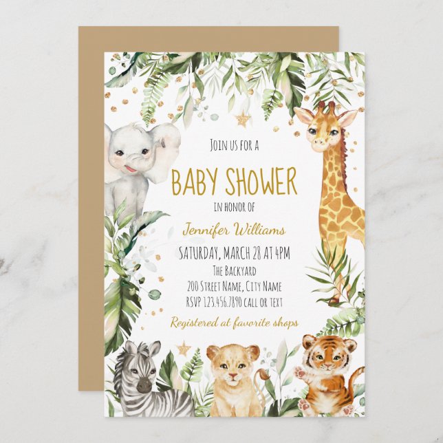 Invitation Baby shower Safari Baby Animals (Devant / Derrière)