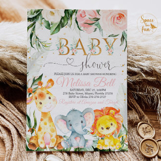 Invitation Baby shower Safari Bébé Fille Rose Jeun