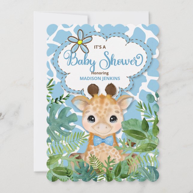 Invitation Baby shower Safari bleu Giraffe (Devant)
