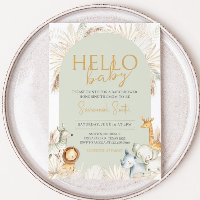 Invitation Baby shower Safari Boho Sage Green (Hello Baby Safari Baby Shower Invitation)