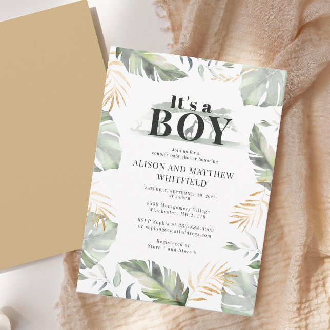 Invitation Baby shower Safari Boy (Watercolor Elegant Boy Couples Baby Shower Invitation)