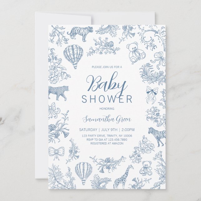 Invitation Baby shower Safari Boy Blue Chinoiserie (Devant)