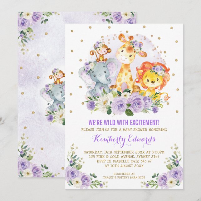 Invitation Baby shower Safari de la Jungle de Purple Gold Gir (Devant / Derrière)