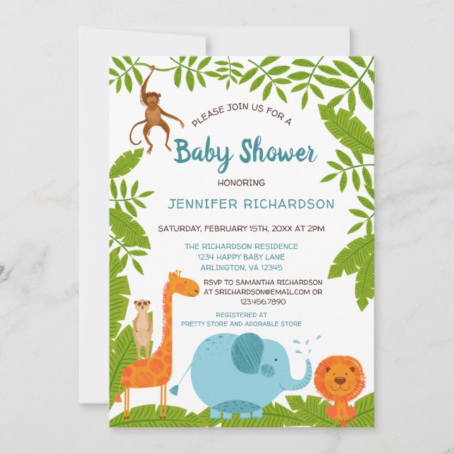 Invitation Baby shower Safari de la Jungle mignonne (Devant)