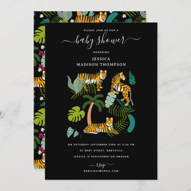 Invitation Baby shower Safari de la Jungle noire de Tigre tro (Devant / Derrière)