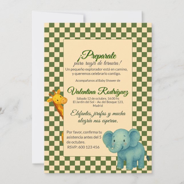 Invitation Baby Shower Safari Editable Chess pattern Elefante (Devant)