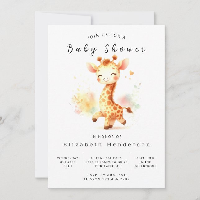 Invitation Baby shower Safari Editable Giraffe (Devant)