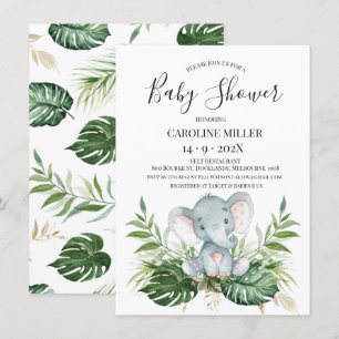 Invitation Baby shower Safari Elephant Gold Green Foliing