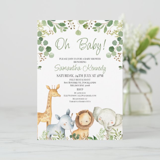 Invitation Baby shower Safari Eucalyptus Cute Neutre Genre (Debout devant)