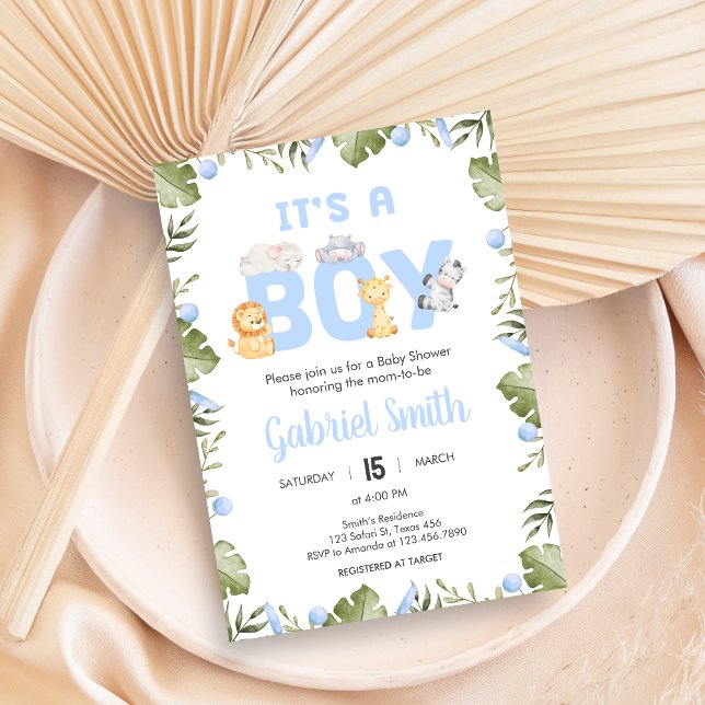 Invitation Baby Shower Safari Garçon  (Safari Jungle Animals Baby Shower Invitation)