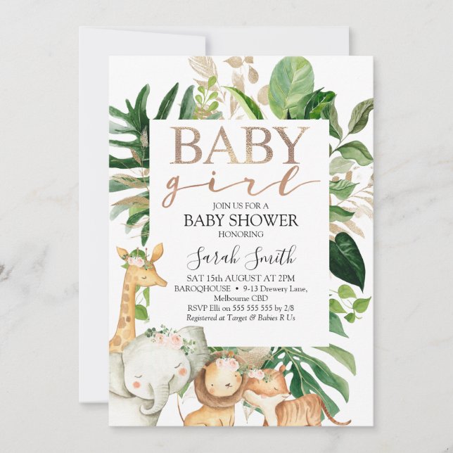 Invitation Baby shower Safari Gold Et Green Foliage Girls (Devant)