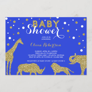 Invitation Baby shower Safari Invitation, Faux Gold, Bleu