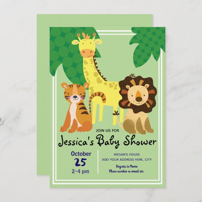 Invitation Baby shower Safari Jungle Animaux (Devant / Derrière)
