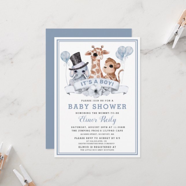 Invitation Baby shower Safari Jungle Boy (Devant/Arrière en situation)