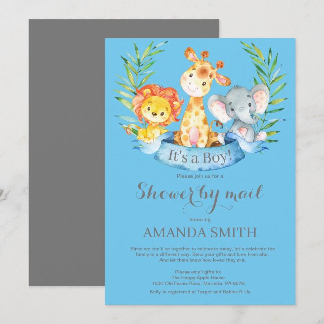 Invitation Baby shower Safari Jungle Boy par mail (Devant / Derrière)