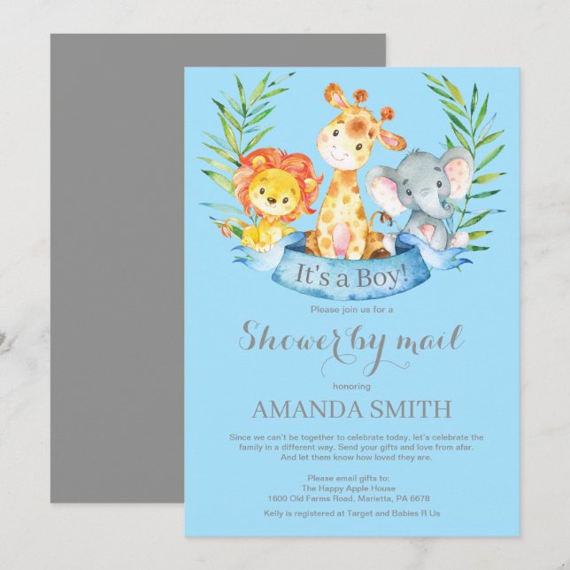 Invitation Baby shower Safari Jungle Boy par mail (Devant / Derrière)